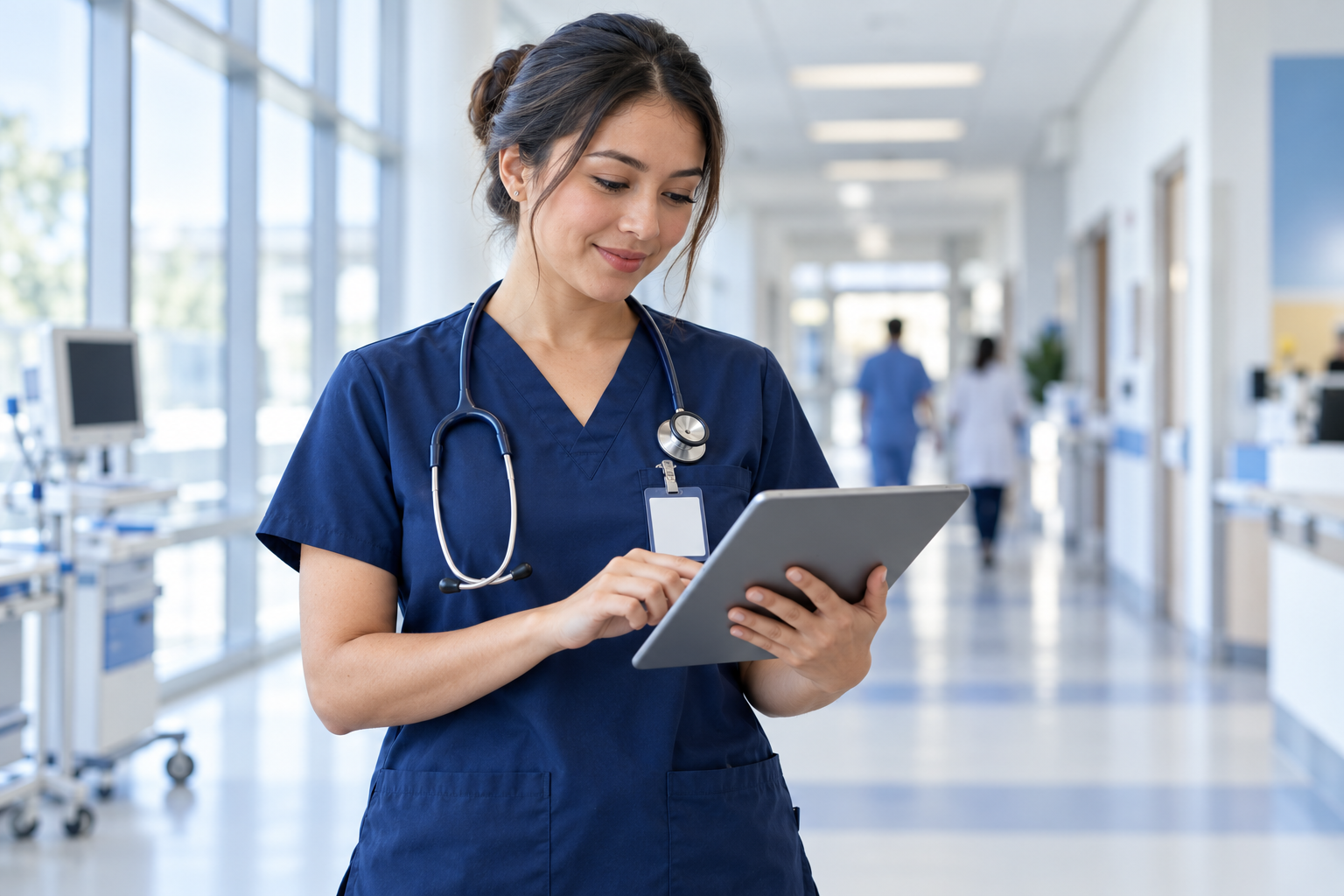 Nurse in navy scrubs reviewing a tablet in a hospital