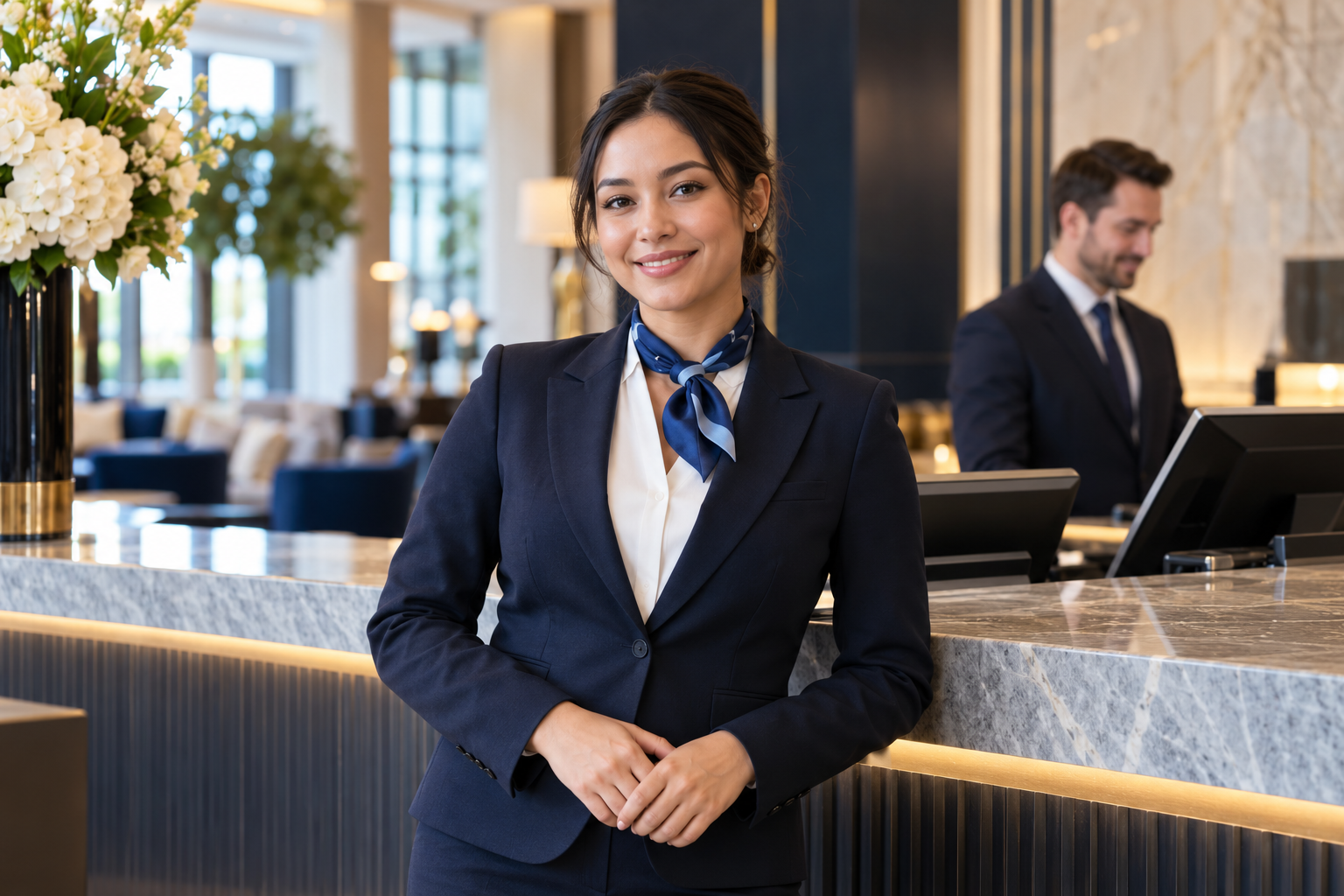 Hotel hospitality professional in navy uniform at a reception desk