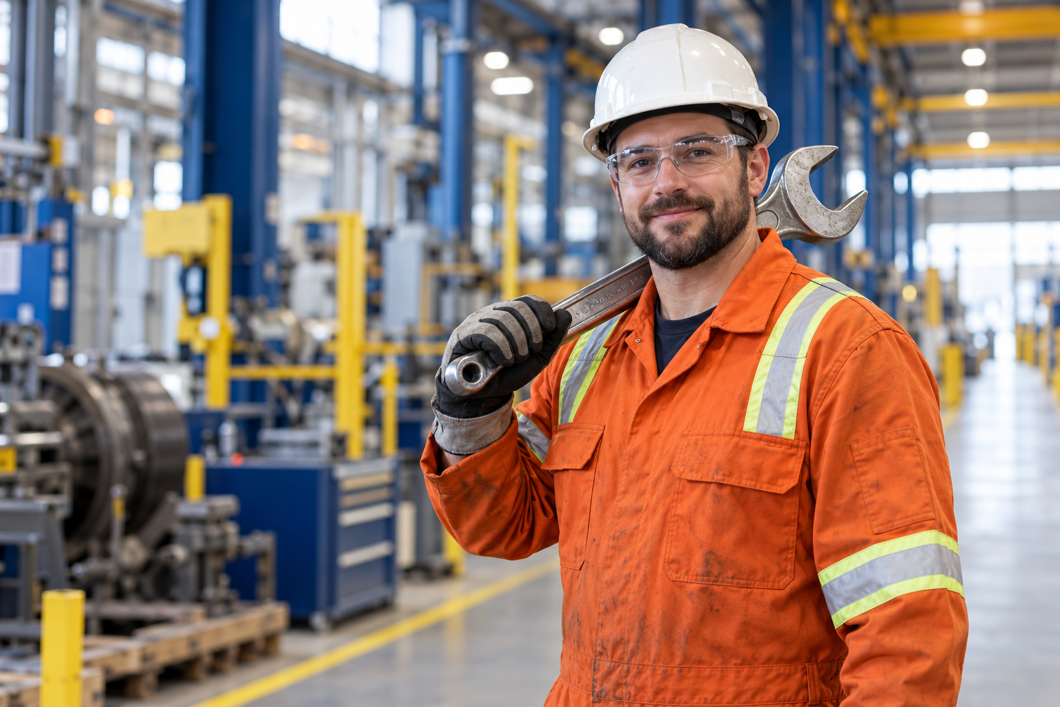 Industrial worker wearing orange protective coveralls